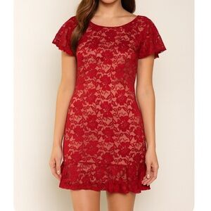 Solemio red lace over nude overlay mini form fitting cocktail dress NWOT SZ M